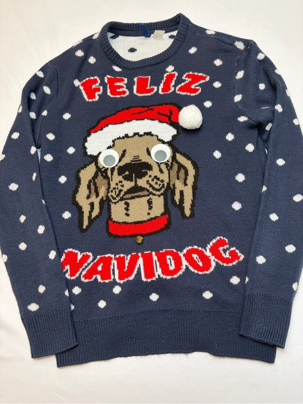 H&M Divided Feliz Navidog Ugly Christmas Sweater Small Dog Googly Eyes Pom Pom
